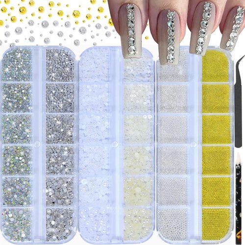 HNUIX Nail Art Charms - 3D Round Multi Size Crystal Rhinestones, Clear & AB Nail Gems, White & Beige Pearls, Silver & Gold Metal Beads, with Kit, for Nail Art, DIY Decorations