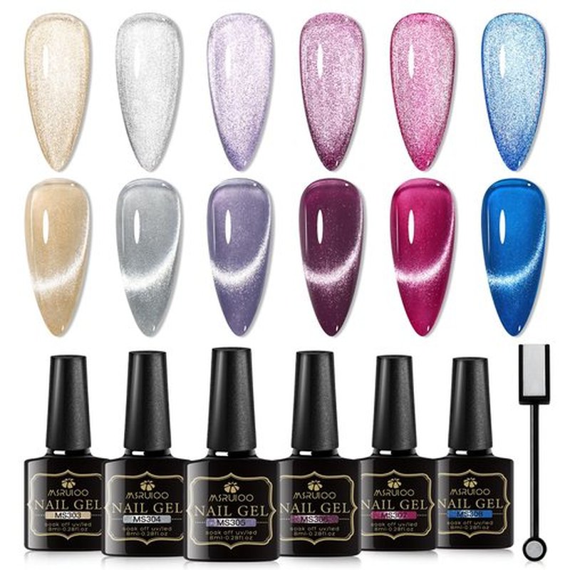 MSRUIOO Glass Cat Eye Gel Nail Polish Set, Crystal Magnetic Gel Polish, Soak Off Cateye Nail Polish Nail Art Gift Kit with Magnet Stick