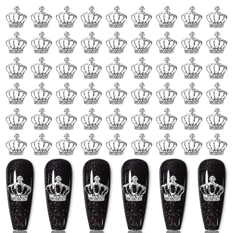 XEAOHESY 100pcs 3D Alloy Silver Crown Nail Charms Silver Nail Charms for Nail Art Nail Crown Studs for Nails