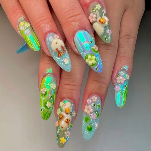 Handcrafted Press On Nails Italian Vacation Style Duck & Garden Pond 100% Handmade Realistic Artistic Fake Nails With Adhesive Glue Tabs And Tool Gifts For Women (Hand-Painted Duck,Medium M)