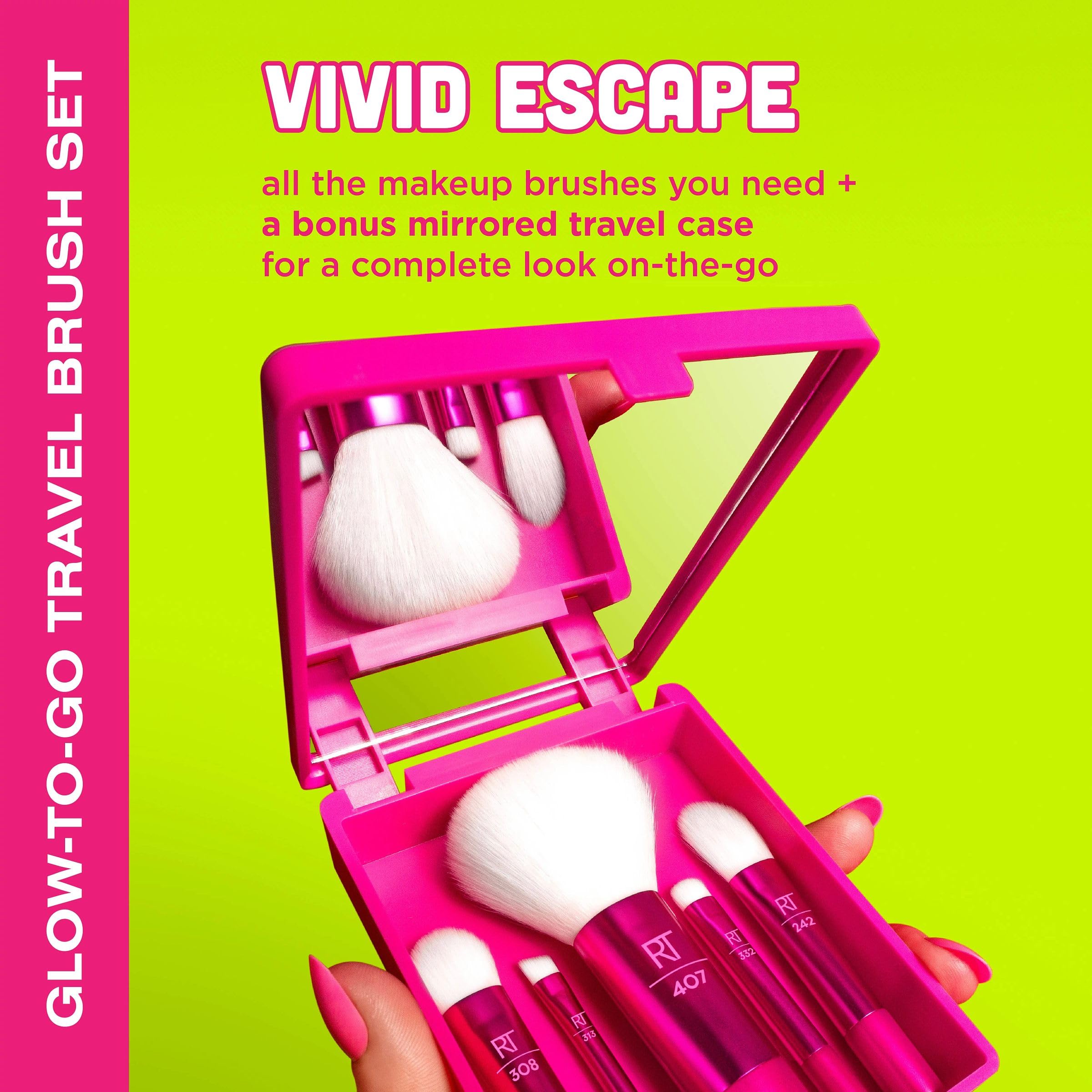 Real Techniques Vivid Escape Glow-To-Go Travel Makeup Brush 6 Piece Set, Mini Size Makeup Brushes for Eyeshadow, Concealer, Contour, & Blush, Includes Mirror Cosmetic Case, Cruelty-Free & Vegan