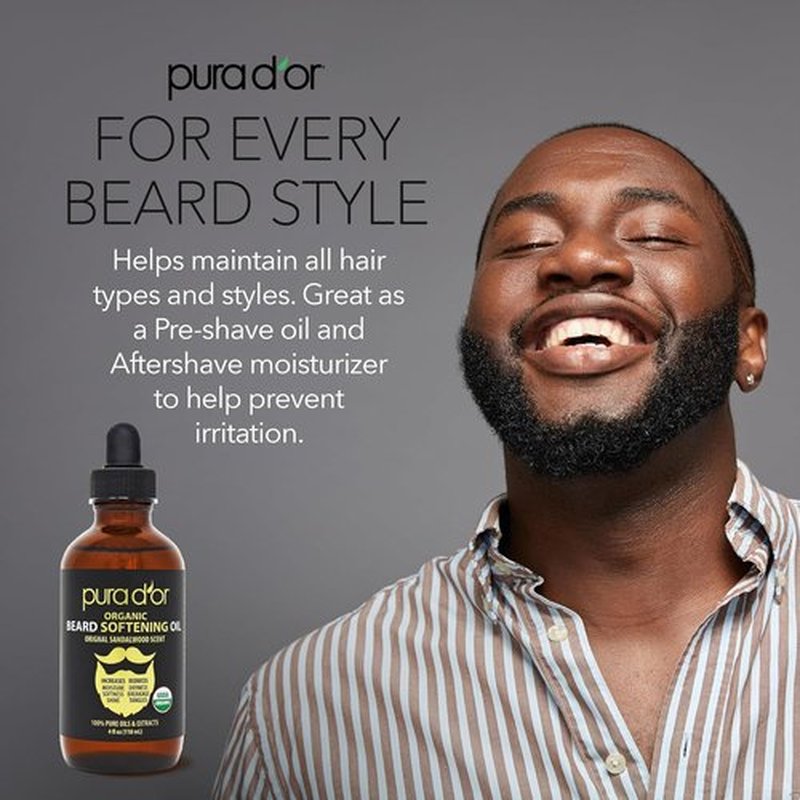 PURA D'OR Organic Beard Softening Oil - Original Sandalwood Scent - Leave-In Conditioner with Argan & Jojoba Oil - 4 Oz