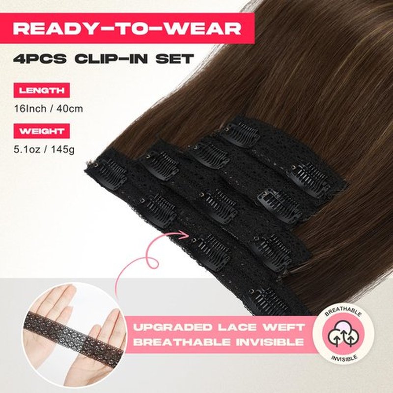 NTYNTY Clip in Hair Extensions, 4PCS 16 Inch Clip in Extensions for Women Layered Cut Natural Lightweight Hairpieces with Thinner Softer Invisible Weft - Dark Brown with Highlights