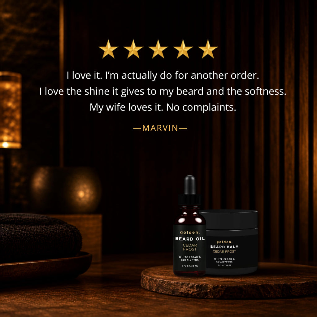 Golden Grooming Beard Bundle for Black Men - Natural Growth Kit with 2oz Balm & 1oz Oil - Shea Butter Conditioner - Cedar Frost (Regular)