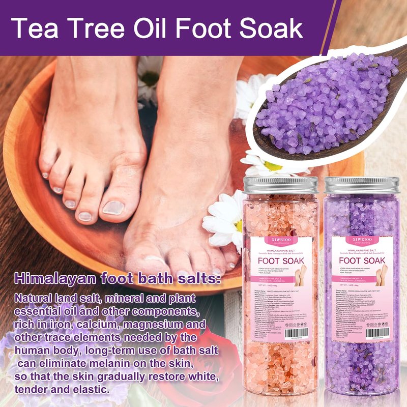 XIWEIOO Himalayan Pink FOOT SOAK SALT Kit Tea Tree Oil - Moisturize, Foot Odor cream spa bath massager Epsom Salt foot pedicure at home spa Callus Remover Gel Kit Foot file tools
