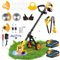 Electric Weed Wacker Cordless with Wheels,Electric Weed Eater Battery Powered 4000mAh,4 in 1 Grass Trimmer/Brush Cutter/Grass Edger/Small Lawn Mower,No String Trimmer with Blade, 2 Battery (Yellow)