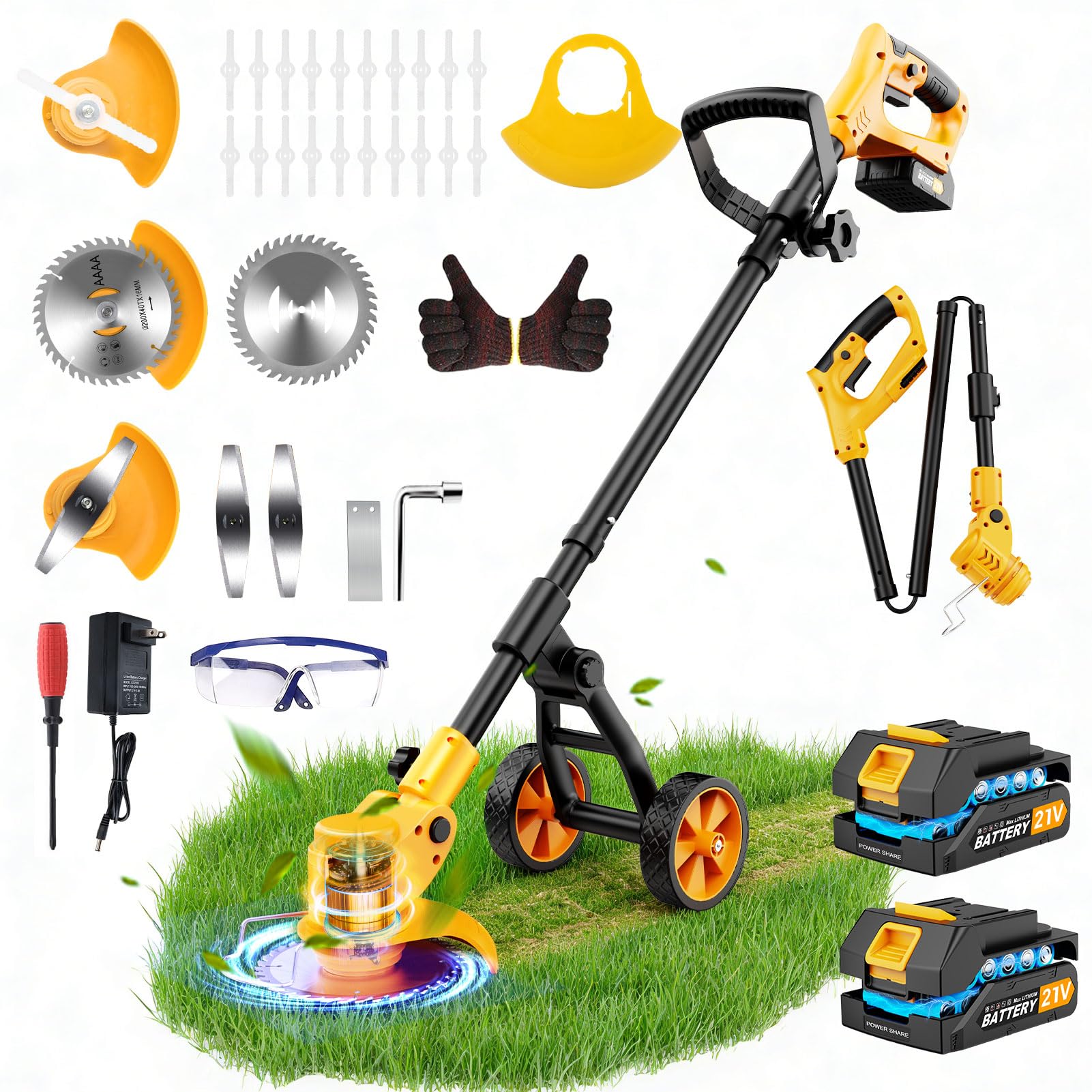 Electric Weed Wacker Cordless with Wheels,Electric Weed Eater Battery Powered 4000mAh,4 in 1 Grass Trimmer/Brush Cutter/Grass Edger/Small Lawn Mower,No String Trimmer with Blade, 2 Battery (Yellow)