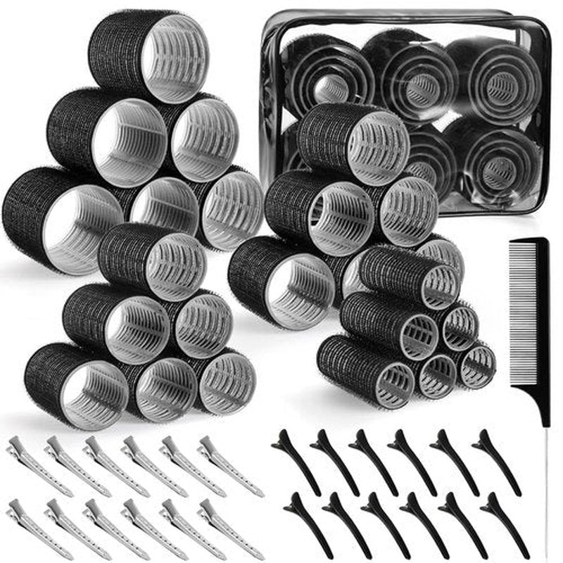 Skiennix Self-Grip Hair Rollers Set - 50 Jumbo Curlers for All Hair Types | Includes Clips, Black