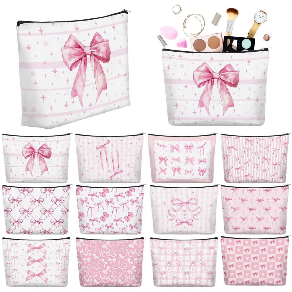 Reginary 12 Pcs Pink Bow Makeup Bags Coquette Bow Cosmetic Bags with Zippers Coquette Party Favors Pink Aesthetic Elegant Pouch Bulk Gifts for Women Mother's Day Birthday Supplies Travel Accessory