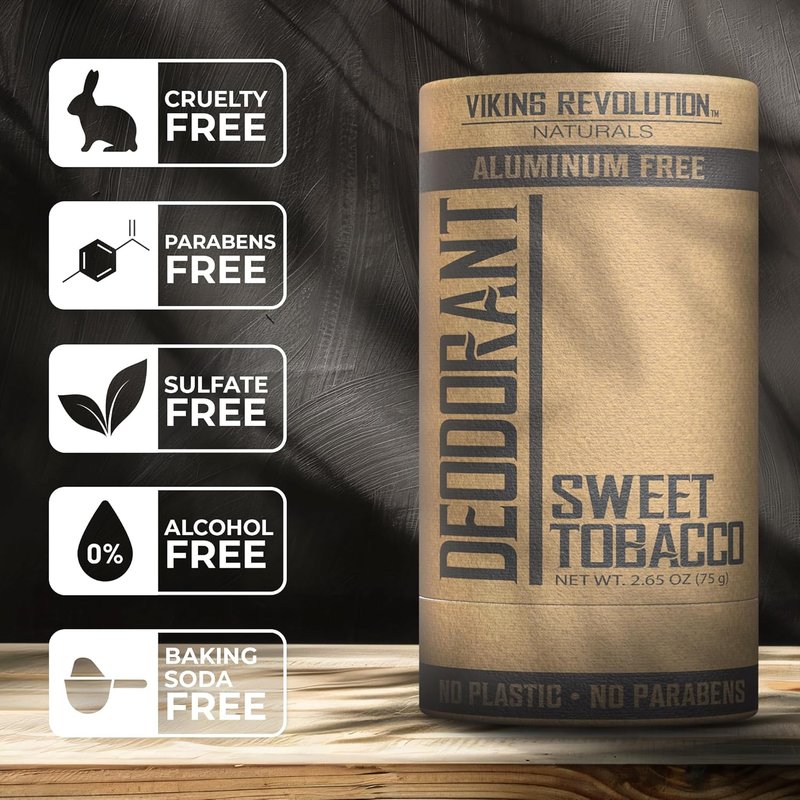 Viking Revolution Sweet Tobacco Deodorant for Men - Aluminum-Free, Stain-Free Formula with Shea Butter (2.65oz)