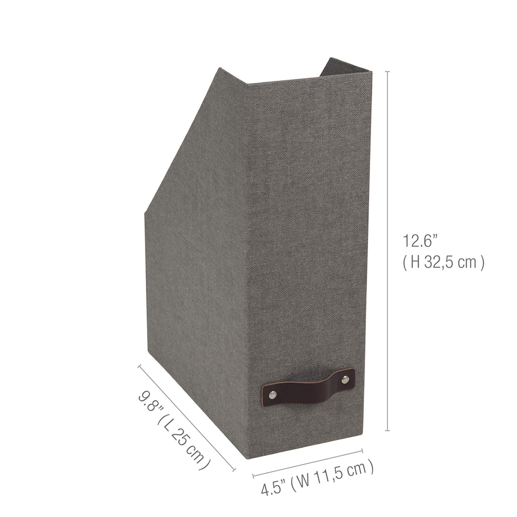 Bigso Box of Sweden Estelle Canvas Fiberboard Upright Magazine Storage Box Organizer for Papers & Catalogs w/Leather Handle | Magazine File Holder for Office Desks | 12.6" x 4.5" x 9.8" | Gray