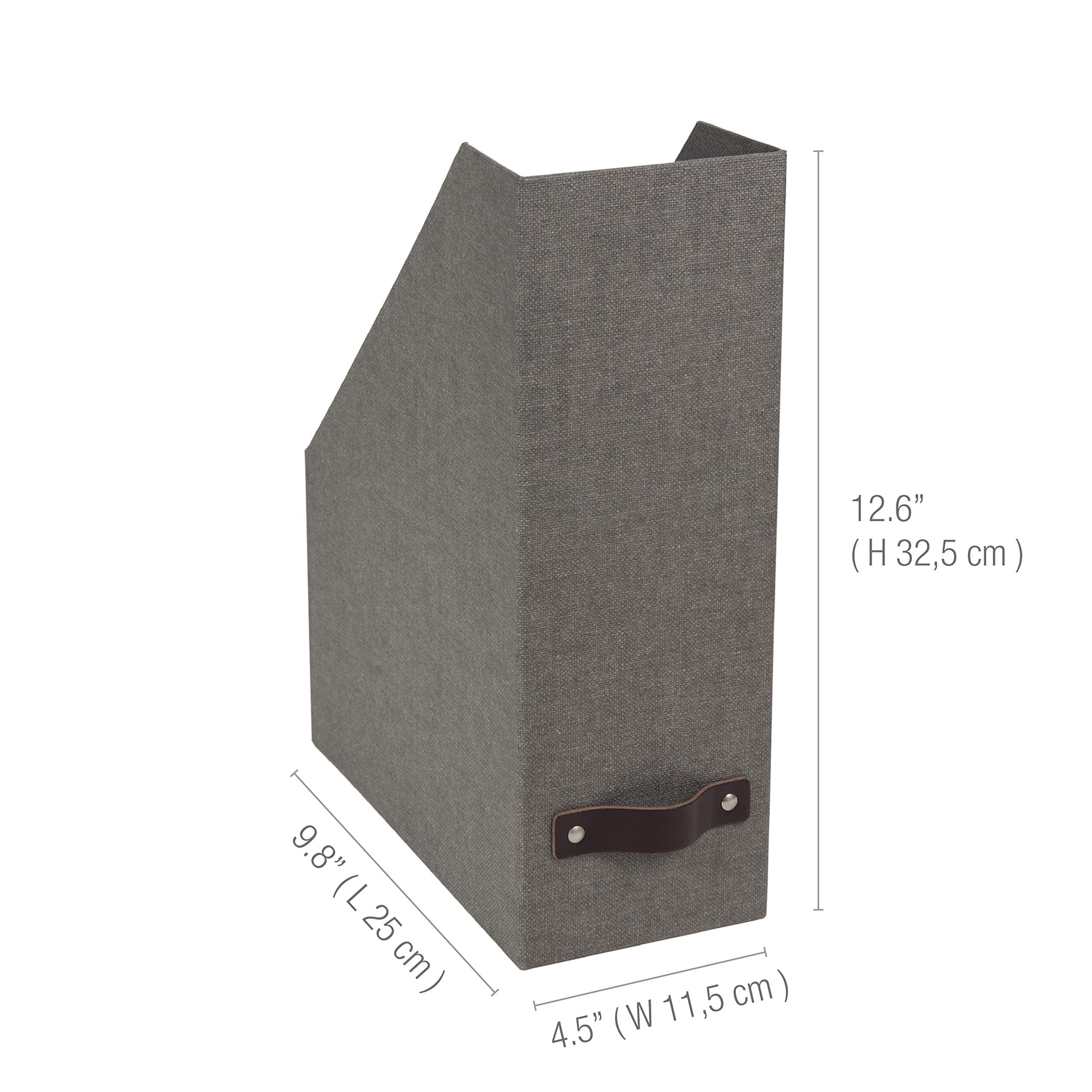 Bigso Box of Sweden Estelle Canvas Fiberboard Upright Magazine Storage Box Organizer for Papers & Catalogs w/Leather Handle | Magazine File Holder for Office Desks | 12.6" x 4.5" x 9.8" | Gray