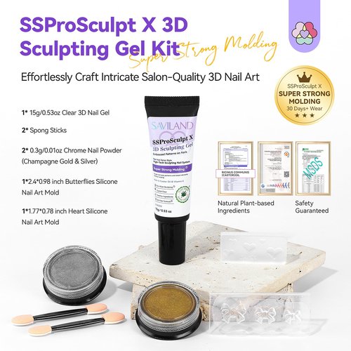 SAVILAND SSPro X 3D Nail Gel Kit: 15g No Wipe Clear 3D Sculpting Gel for Nail Art Design Molding Carving Drawing Sculpture and Decoration with Chrome Powder Silicone 3D Molds Home Salon DIY Nail Art