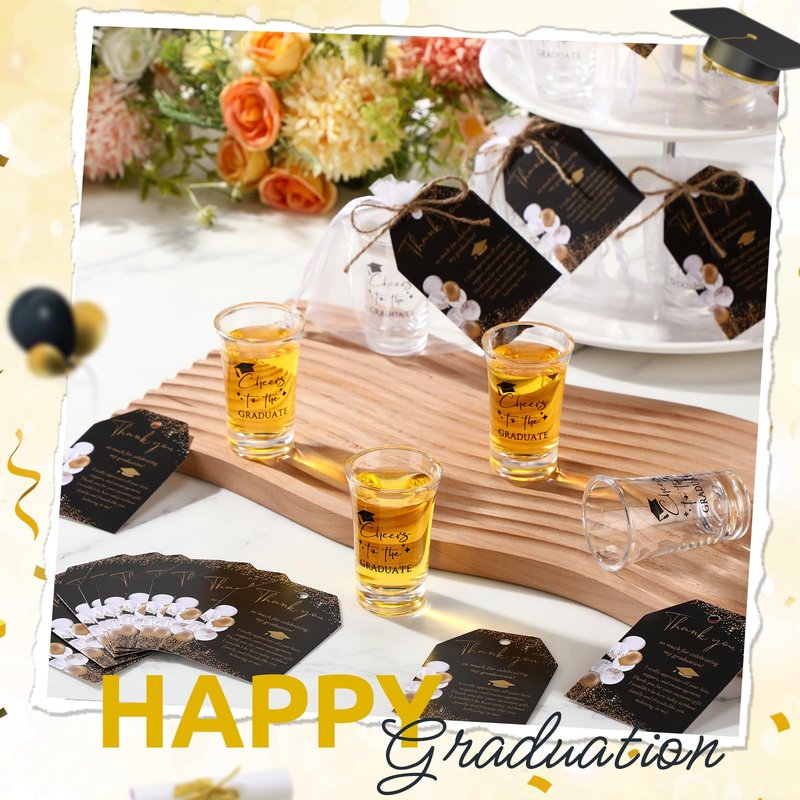 Maxcheck 25 Sets Graduation Party Favors for Guests Cheers to the Graduate Acrylic Shot Glasses with Thank You Cards and Organza Bags Graduation Gifts for Teacher Classmates Family(Black Color)