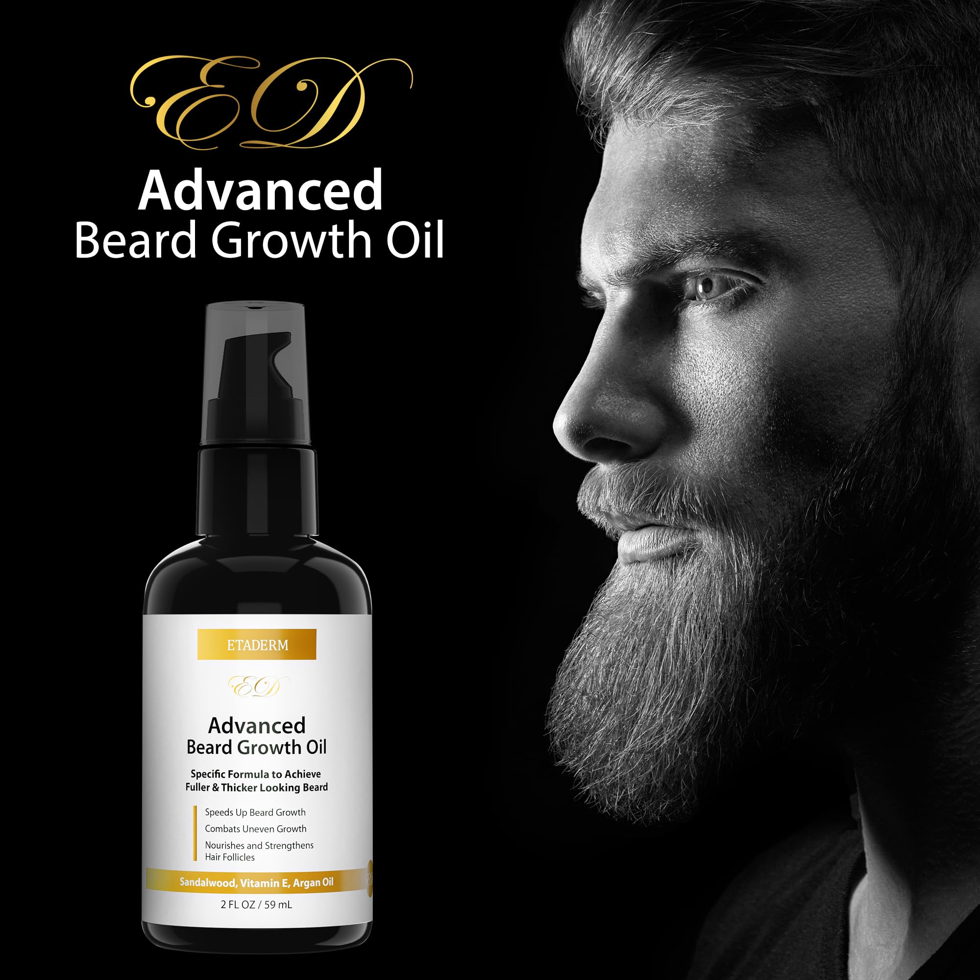 ETADERM Beard Growth Oil - Beard Oil for Men with Aloe Vera, Jojoba, Castor Seed, Green Tea Leaf and Sandalwood Oil - Hair Growth Oil Moisturizer and Strengthens Facial Hair - Beard Conditioner 2oz