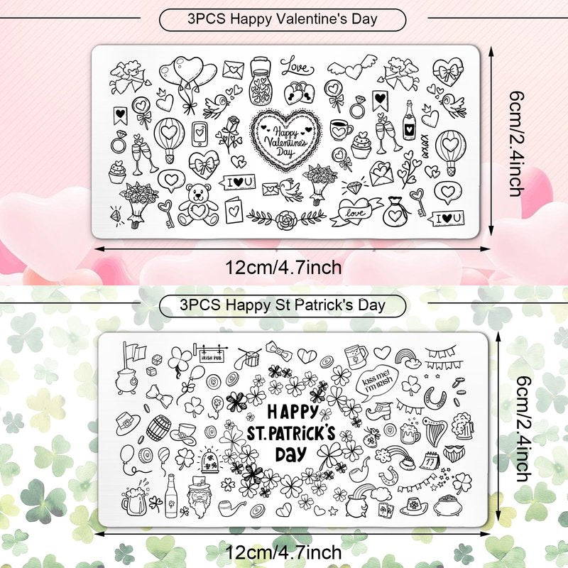 Whaline 6Pcs St. Patrick's Day Valentine Nail Art Stamping Plates Kit Love Heart Spring Shamrock Image Stamp Templates Nail Art Plates Set for DIY Print Manicure Salon Design