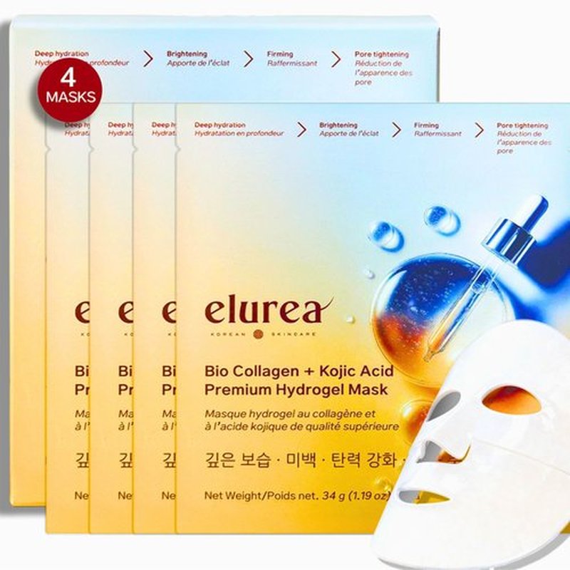 elurea Bio Collagen Mask + Kojic Acid Premium Hydrogel Face Mask (4 masks), Korean Face Masks for Luxury Beauty, Collagen Mask for Self Care, Korean Skin care, Hydrating Face Mask, Stocking Stuffers