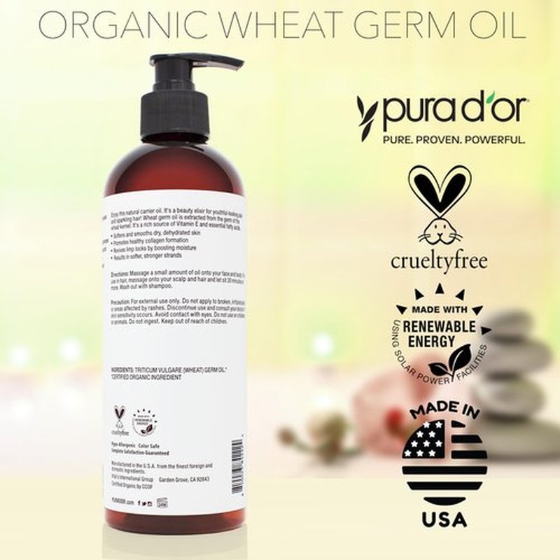 PURA D'OR 16 Oz ORGANIC Wheat Germ Oil - 100% Pure & Natural USDA Certified Cold Pressed Carrier Oil - Vitamin E Rich, Moisturizing & Nourishing Anti-Aging Properties - Healthy Hair Growth & Skincare