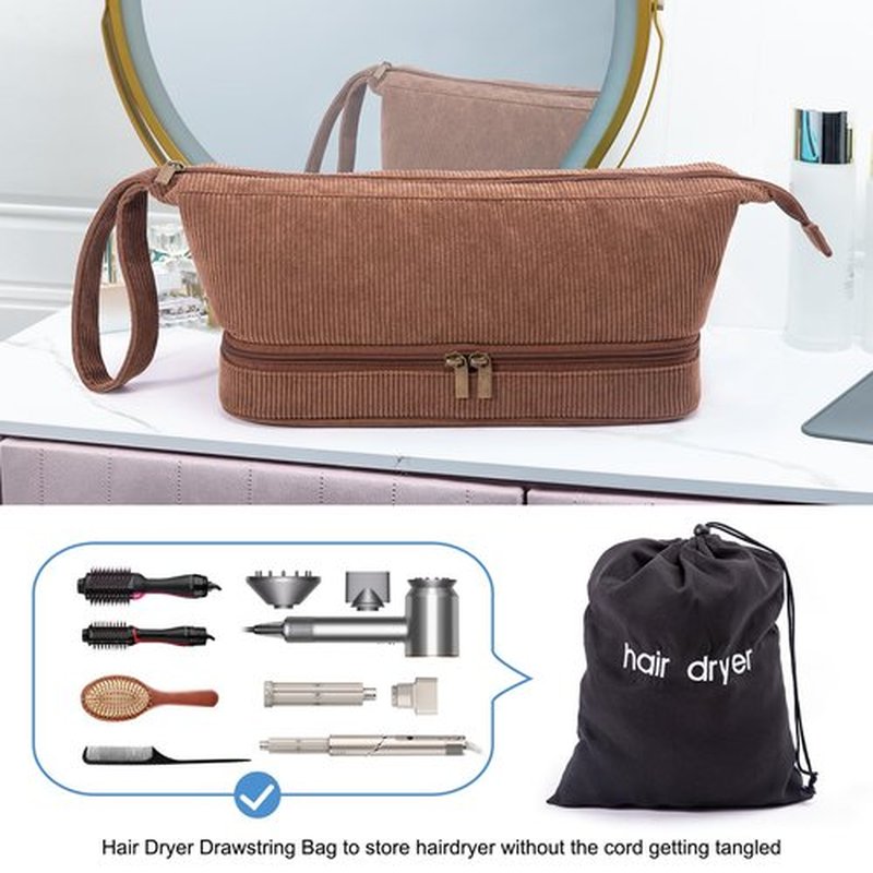 ELCUPA Hair Tools Travel Case - Double-Layer Organizer for Hair Dryer, Curling Iron & Attachments - Brown Corduroy with Zipper Closure & Top Handle