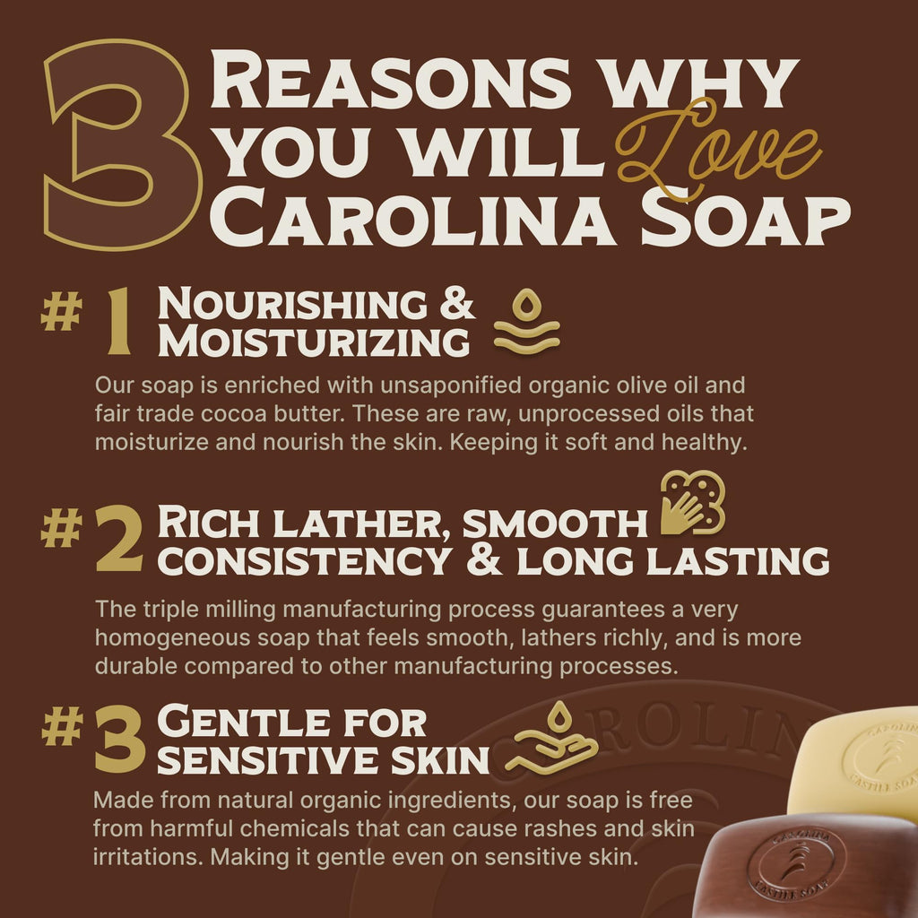 Carolina Castile Soap Vegan Bay Rum Castile Bar – 3 Bars of Natural Soap for Men, Women, and Kids – Gentle, Hydrating Castile Bars with Organic Cocoa Butter and Olive Oil, 5 Oz. Each