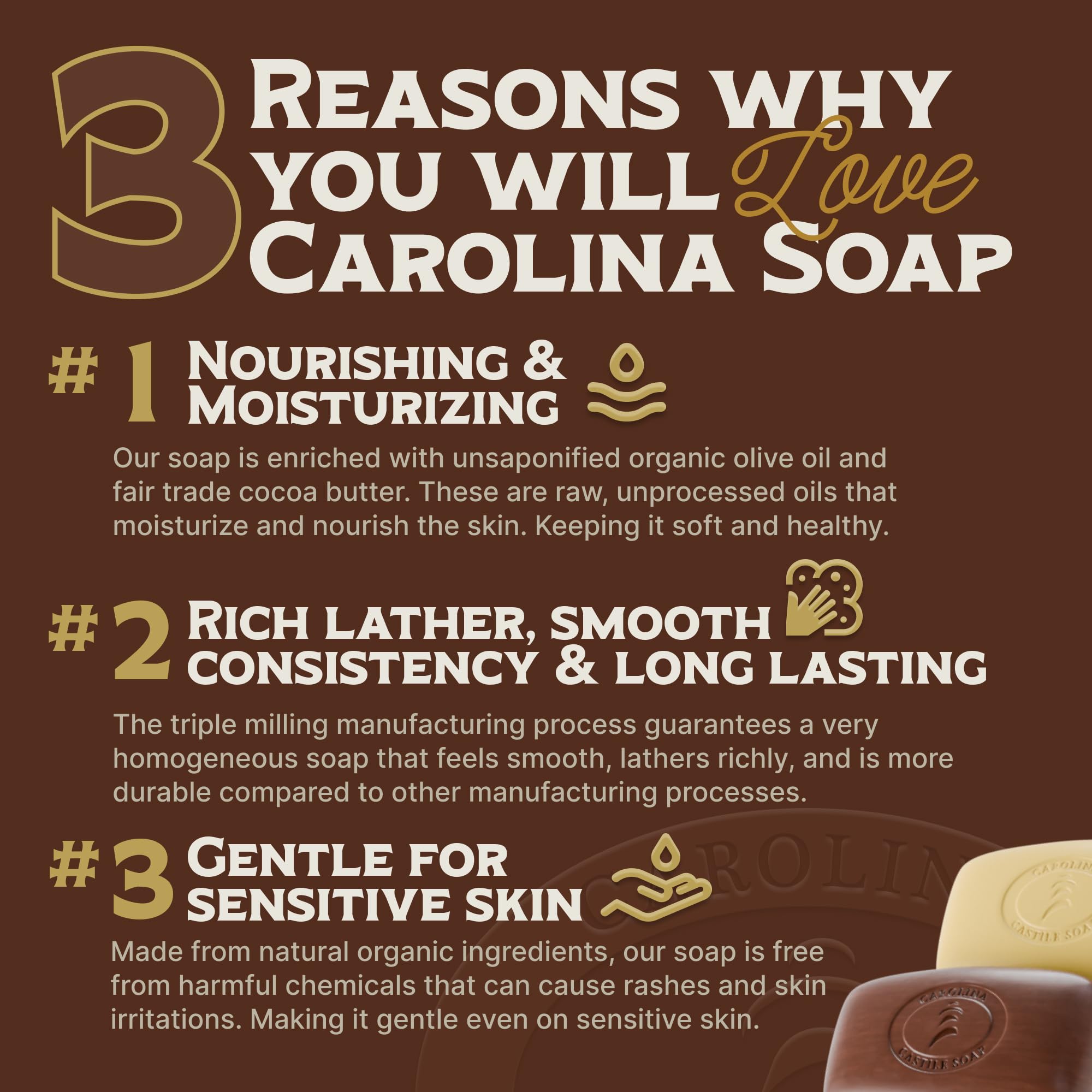 Carolina Castile Soap Vegan Bay Rum Castile Bar – 3 Bars of Natural Soap for Men, Women, and Kids – Gentle, Hydrating Castile Bars with Organic Cocoa Butter and Olive Oil, 5 Oz. Each