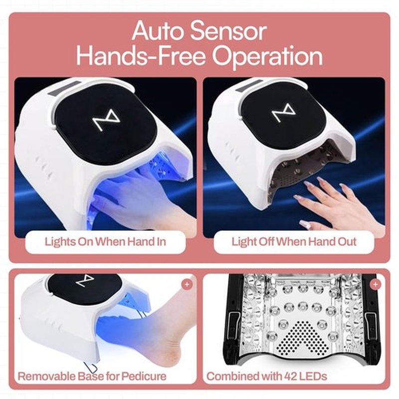 M - GlowPro Professional Hybrid 86W Wireless Rechargeable UV LED Nail Curing Lamp Cordless Nail Dryer for Gel Nails, Manicure, Pedicure (White)