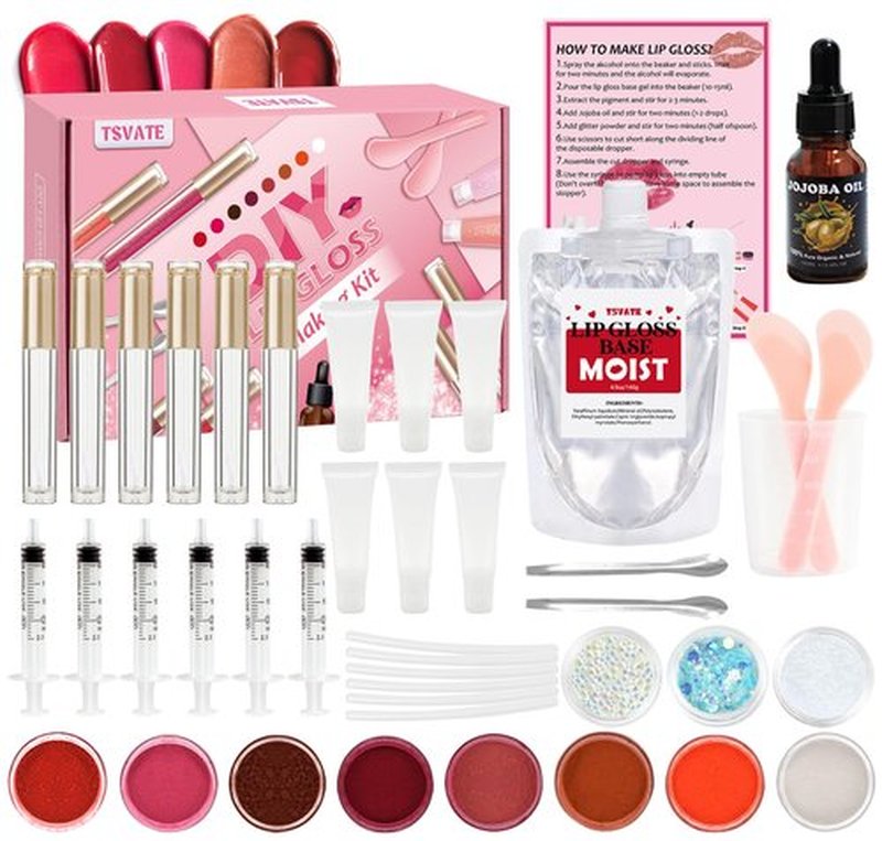 TSVATE Lip Gloss Making Kit, Lip Gloss Kit, Diy Lipgloss Set, Fun Make Your Own Lipgloss Kids Lip Gloss for Girls, Women, Moisturizing Lip Gloss Base, Jojoba Oil, Tubes, Gift for Her