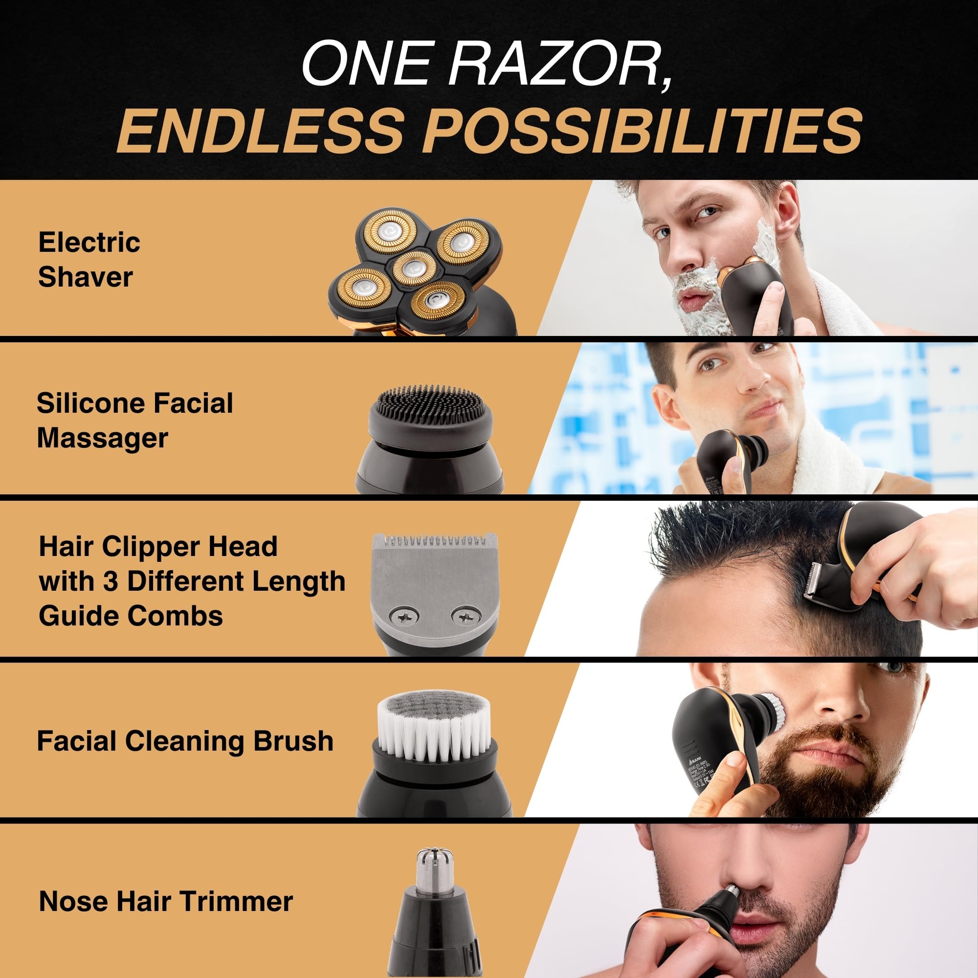 Asani 5 in 1 Electric Razor for Men and Women, USB Rechargeable and Waterproof Cordless Trimmer, Includes Rotating Bald Head Shaver, Nose Hair Trimmer, Beard Shaper, Silicone Brush, & Cleansing Brush
