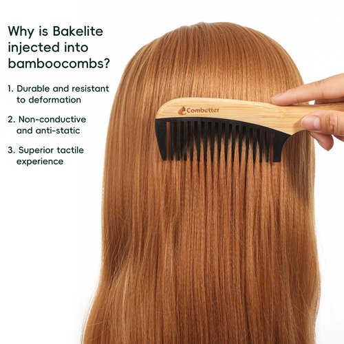 Bamboo Detangling Comb, Anti Static Comb for Curly, Thick, Think Hair & Beard, Eco-Friendly Durable Bakelite Infused Hair Comb for Women,Men (Wide Tooth with Handle)