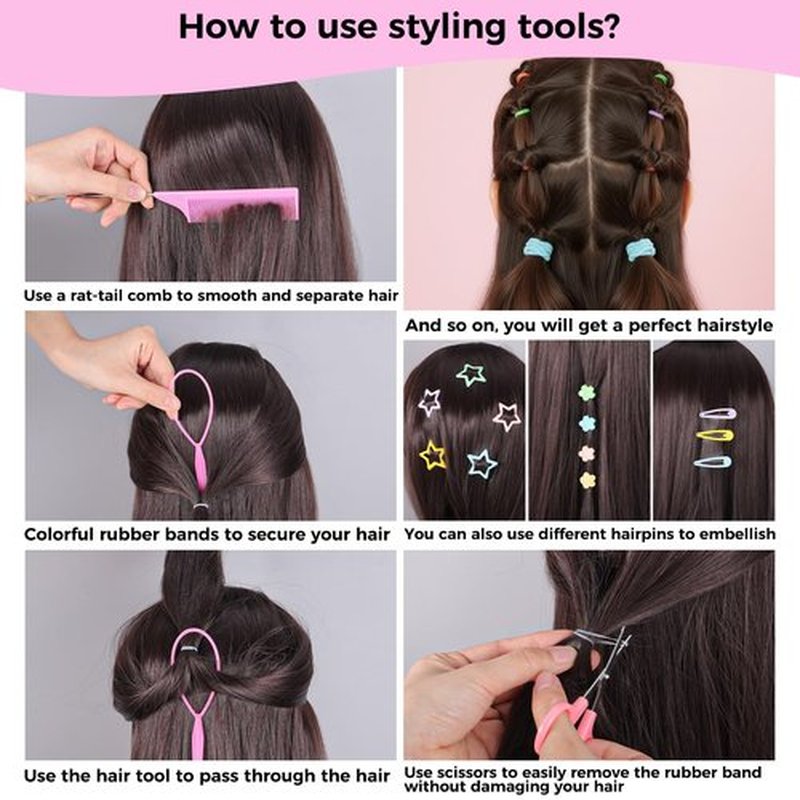 Colorful Rubber Bands Set, 2020Pcs Elastic Hair Ties with 5 Styling Tools 40Pcs Hair Clips Hair Accessories for Girls Daughter
