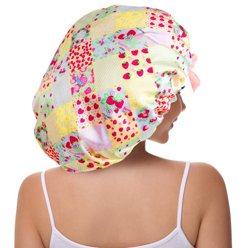 Vettres Hair Bonnet for Sleeping Satin Lined Sleep Cap Double Layer Silk Head Wrap for Curly Natural Hair Strawberry Patchwork