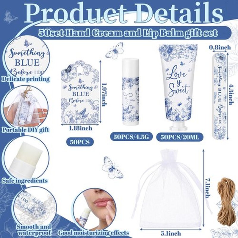 Leelosp 50 Sets Something Blue Before I Do Bridal Shower Hand Cream Lip Balm Nail File Gift Bulk Blue Floral Wedding Favors Travel Size Thank You Gifts Set Bridal Shower Favors for Guests