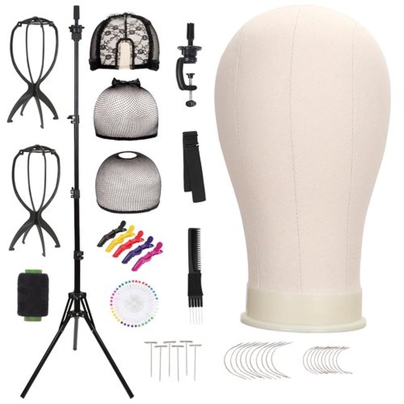 Demides 22'' Canvas Wig Head with 61'' Adjustable Tripod Stand, Mannequin Head Set for Styling, Display – Includes Caps, Elastic Bands, Stand & Tool Kit for Beginners and Professionals