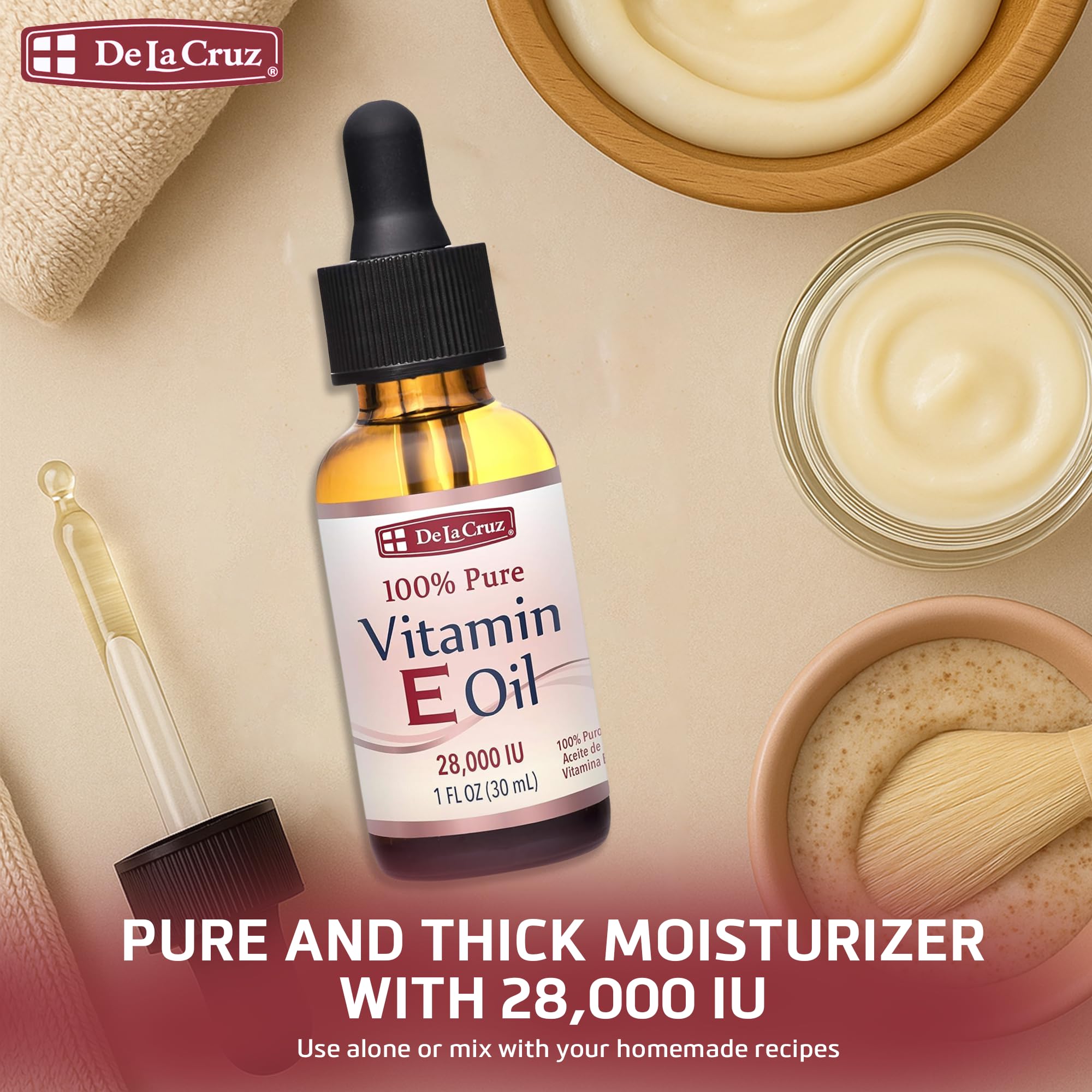 De La Cruz Vitamin E Oil for Face 28,000 IU - No Preservatives, Artificial Colors or Fragrances, Made in USA 1 FL. OZ.
