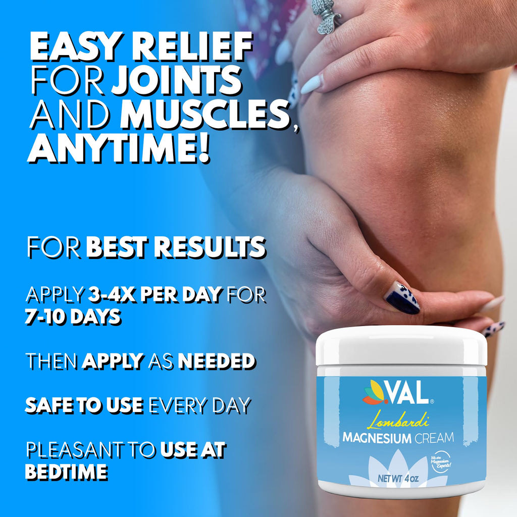 VAL Lombardi Magnesium Lotion, Nighttime Zechstein Magnesium Chloride Cream, Hydrating, Fast-Absorbing, Topical Magnesium for Feet, Legs, Arms, Chest - 4 Ounce (Pack of 1)