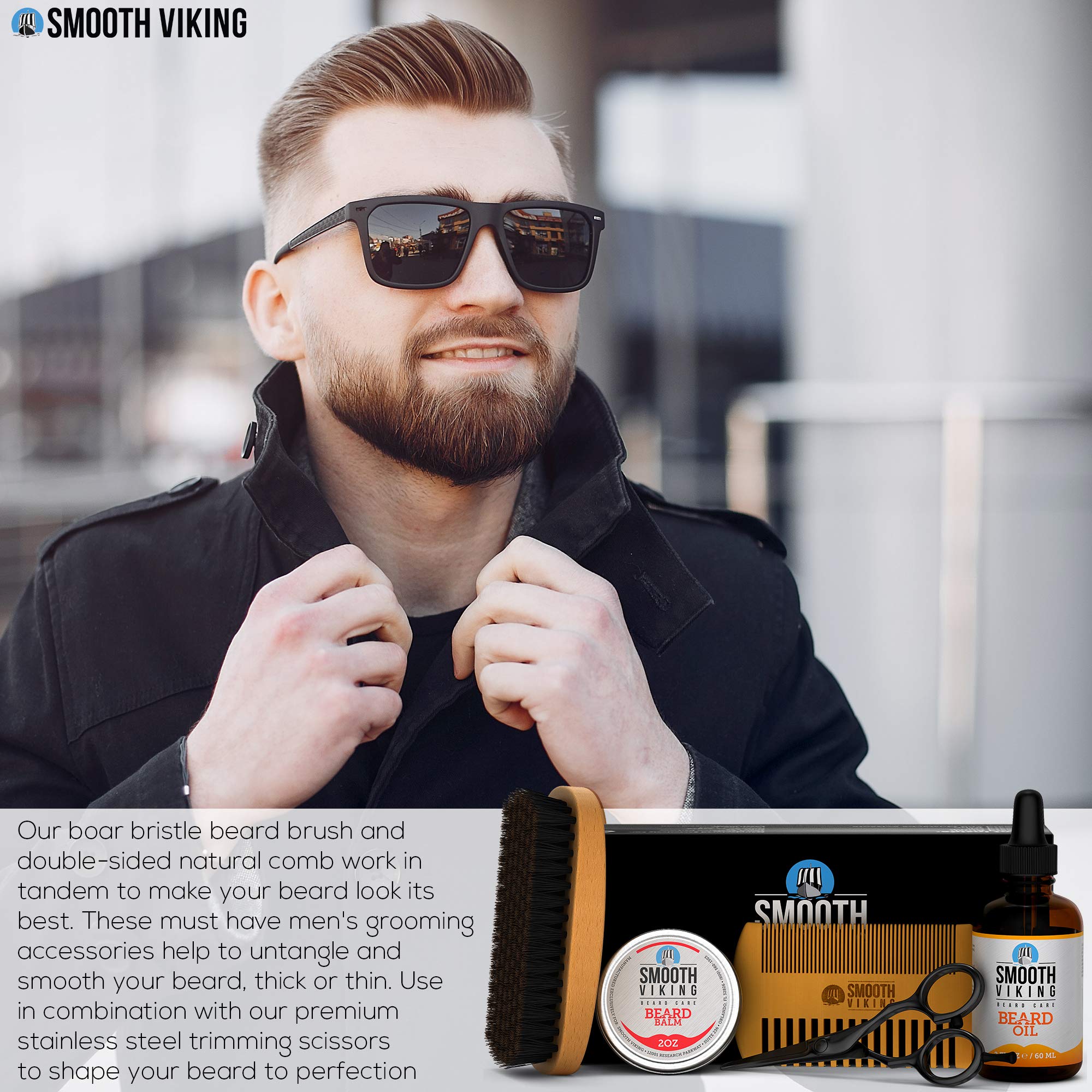 Beard Grooming Kit for Men, Beard Growth Kit with 100% Boar Beard Brush and Comb, Beard Trimming Set, Moisturizing Beard Oil and Balm, Beard Brush Kit - Beard Care Kit for Men Gift Set