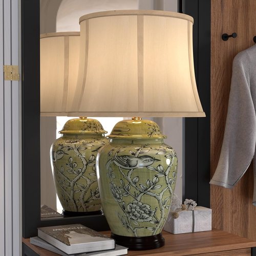 Red Lantern Jade Green Birds and Flowers Lamp - Elegant 25-Inch Design for Home Decor