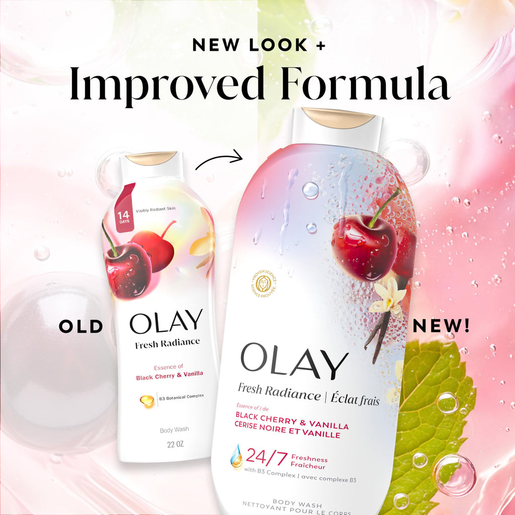 Olay Body Wash for Women, Fresh Radiance, 24/7 Skin-Loving Freshness, Visibly Radiant, Plant Based Cleansers, Vitamin B3 & Antioxidant Blend, For All Skin Types, Black Cherry & Vanilla Scent, 22 fl oz
