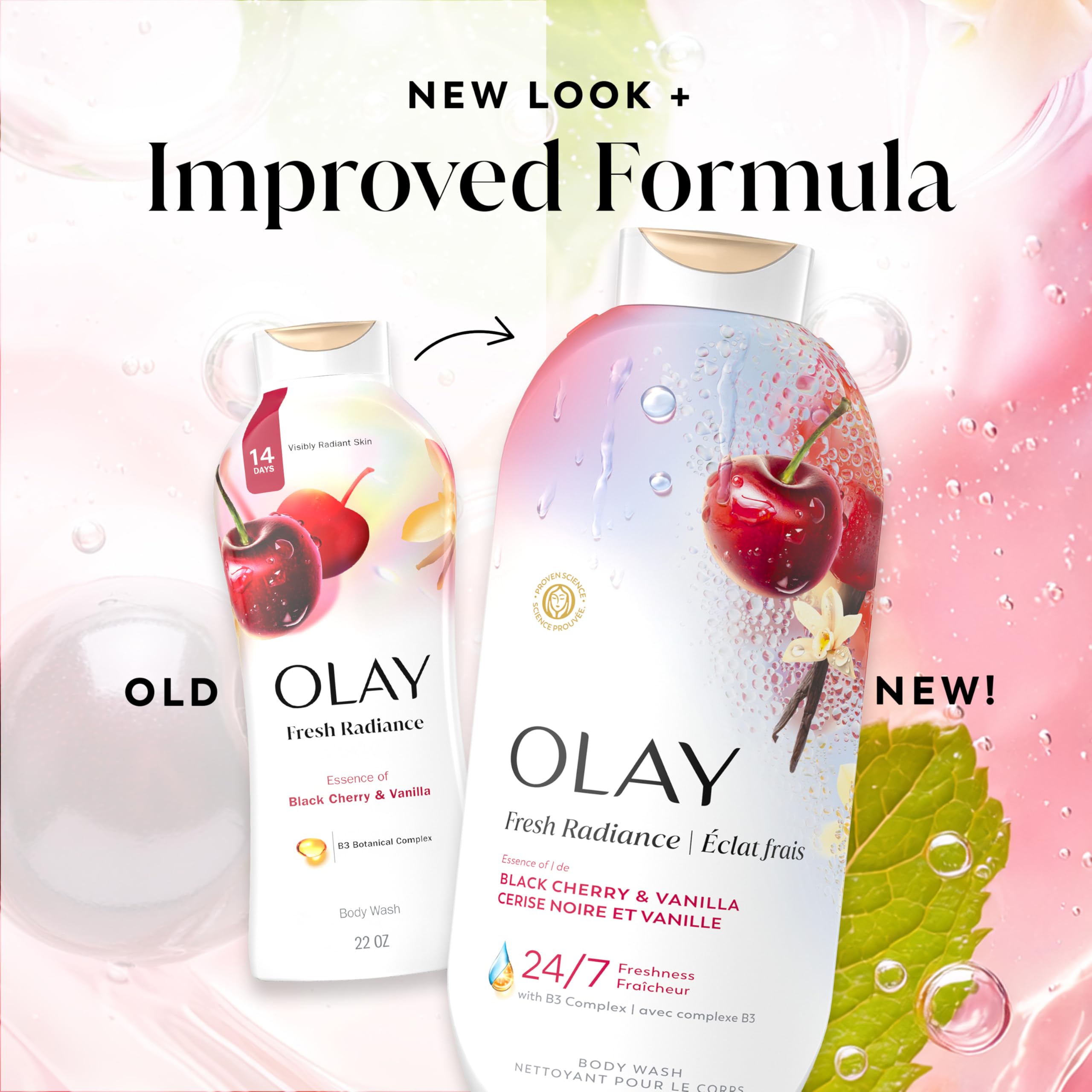 Olay Body Wash for Women, Fresh Radiance, 24/7 Skin-Loving Freshness, Visibly Radiant, Plant Based Cleansers, Vitamin B3 & Antioxidant Blend, For All Skin Types, Black Cherry & Vanilla Scent, 22 fl oz