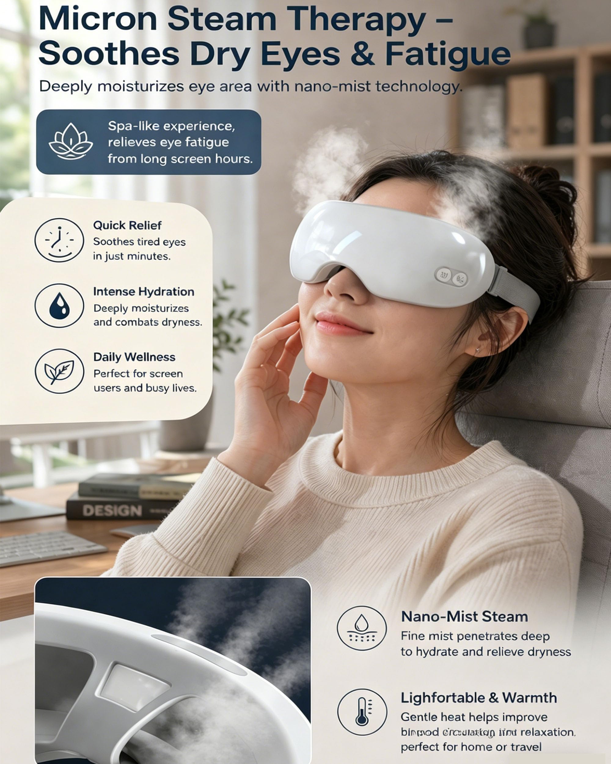 Steam Eye Mask for Dry Eyes, 40-42°C Warm Mist Eye Steamer for Puffy Eyes & Strain Relief, Rechargeable Cordless Steam Mask with Auto Shut-Off, Soft Silicone Design for Screen Work & Travel (1Pcs)