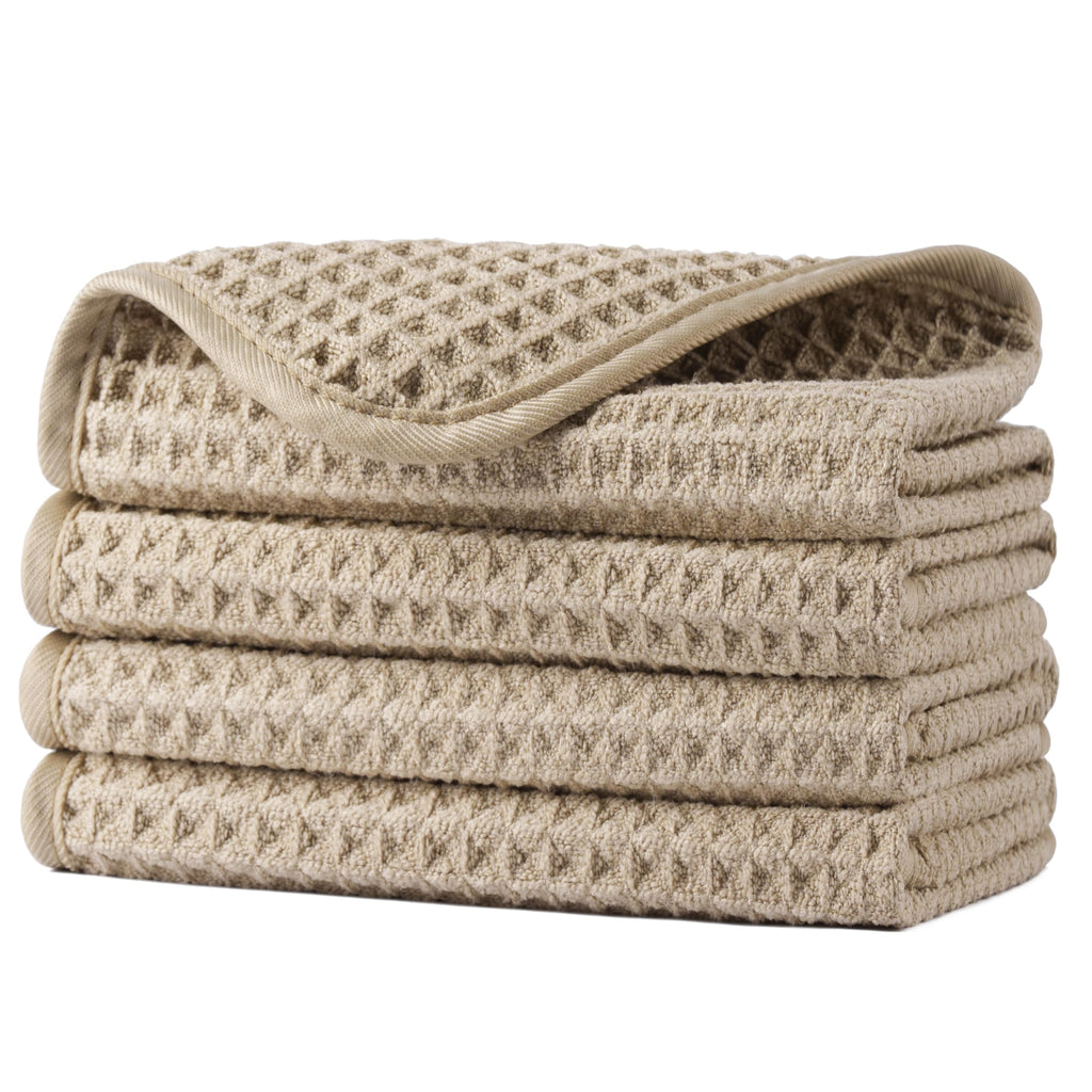 POLYTE 430 GSM Microfiber Lint Free Washcloth Face Towel, 13 x 13 in, 4 Pack (Waffle Weave)