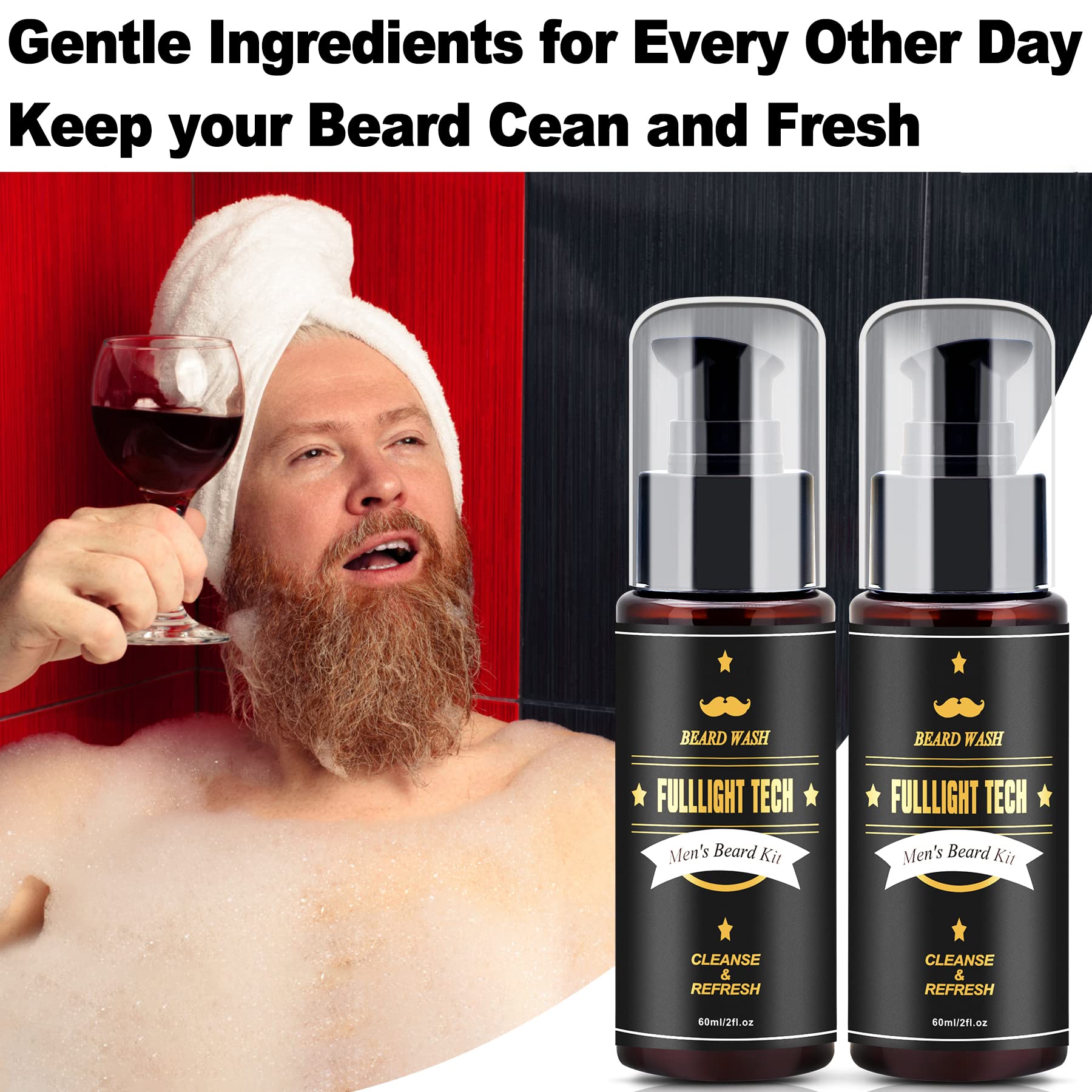 FULLLIGHT TECH Men's 2 Pack Beard Care Kit - Argan Oil & Jojoba Oils Shampoo, Rosemary Extract for Clean, Moisturizing and Nourishing Mustache & Beard Growth