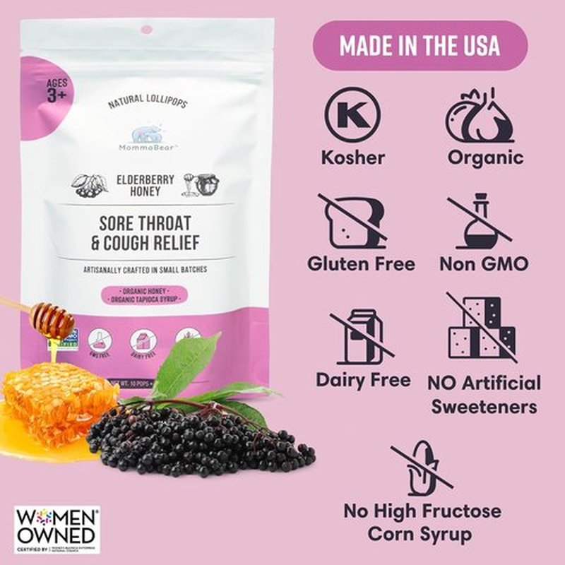 MommaBear Natural Sore Throat Care Lollipops - Organic Elderberry & Honey Kids Cough Treats | 10 Pack, No Artificial Additives