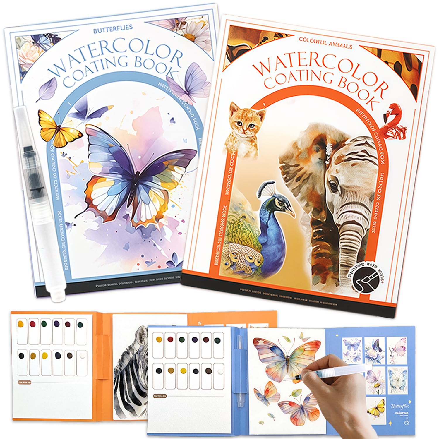 NaTuGi 2Pac Watercolor Workbook for Adults,Watercolor Coloring Book,Portable Watercolor Painting Books,Creative Stress Relief Kit,Suitable for Beginners Birthday Gift (Butterflies and Animals)