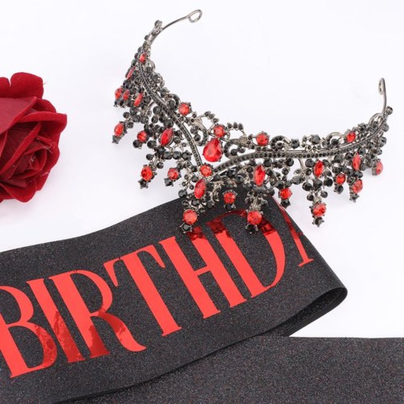 COCIDE Black Red Birthday Queen Sash for Women Happy Birthday Crowns Princess Tiaras Sashes for Girl Crystal Party Decorations Rhinestone Headband Supplies Decor