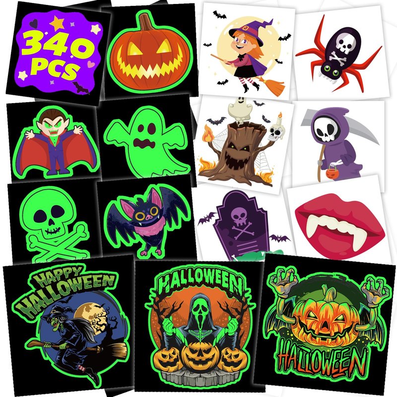 winthrop 340 Pcs Luminous Halloween Temporary Tattoos for Kids, Individually Wrapped Glow In the Dark Waterproof Safety Tattoos,Trick or Treat, Best Choice for Halloween Candy Bag, 85 Designs