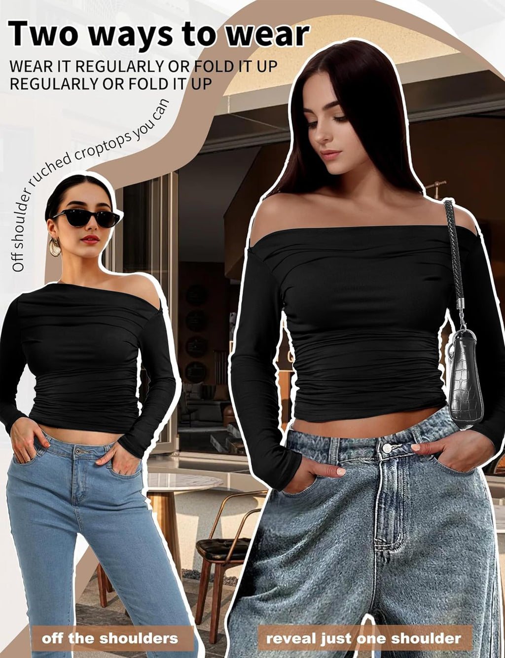 Buauty Womens Off Shoulder Tops Long Sleeve Crop Tops Casual Boat Neck Going Out Blouses One Shoulder Y2K Tight Shirts 2025 Black