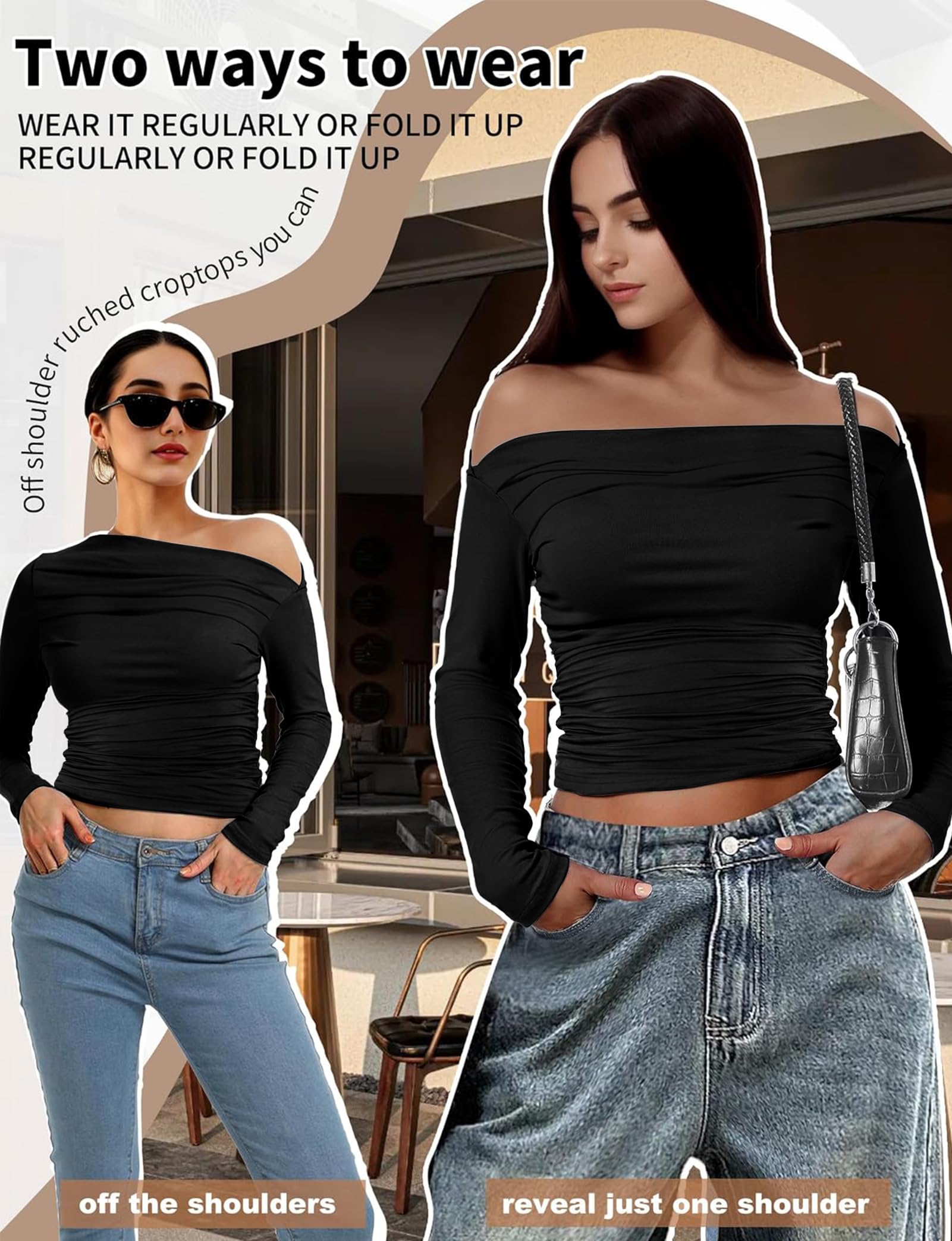 Buauty Womens Off Shoulder Tops Long Sleeve Crop Tops Casual Boat Neck Going Out Blouses One Shoulder Y2K Tight Shirts 2025 Black