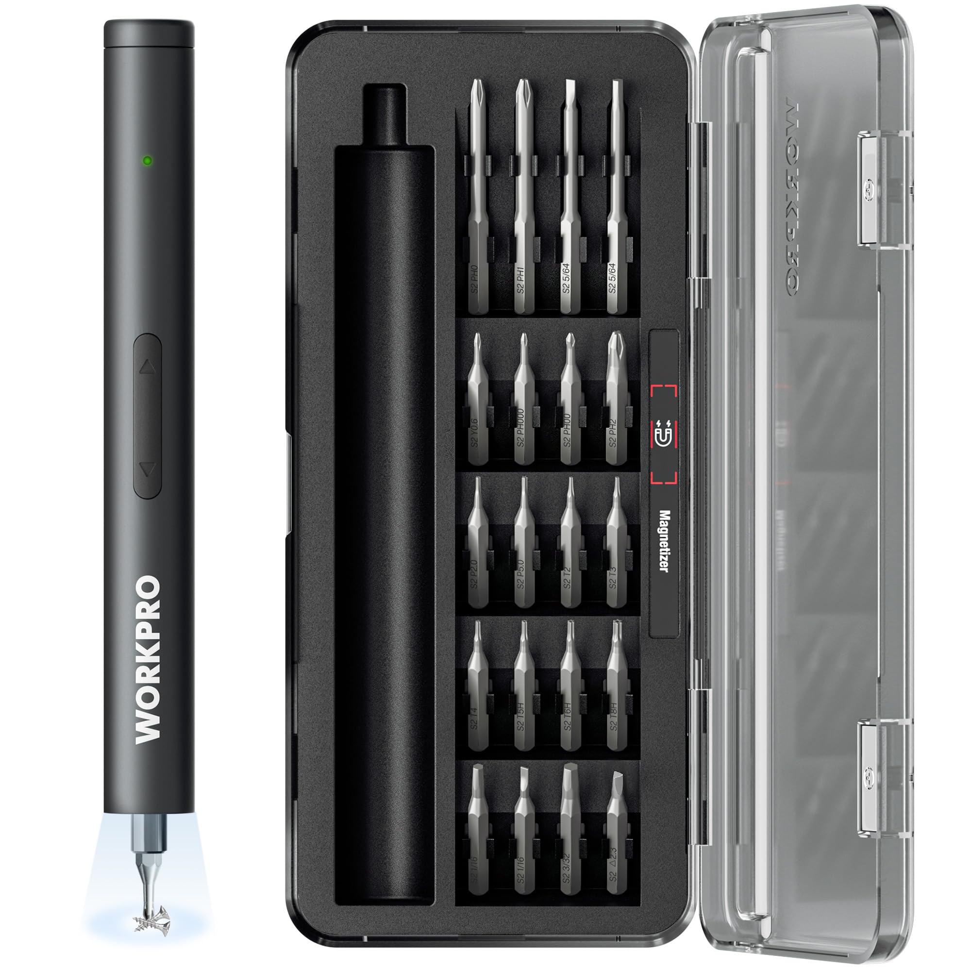 WORKPRO 20-in-1 Mini Electric Screwdriver with Magnetizer & S2 Steel Bits, 3.6V Rechargeable Precision Screwdriver Set for Electronics, Phone, Camera, Laptop & Watch