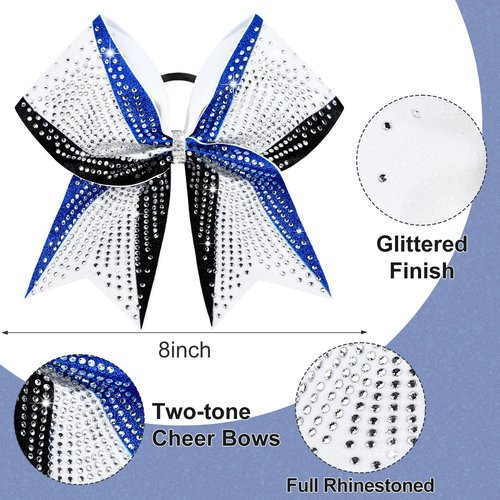 DEEKA 6PCS 8" Large Glitter Royal Blue and Black White Cheer Bows 3 Toned Rhinestones Stiff Cheer Hair Bows Elastic Band Competition Bows for Cheerleader Team Girls Sports -Royal Blue/Black/White